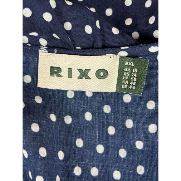 Rixo Maxi Florida Dress Bohemia Dots Navy Blue White Polka Dots 14 Short Sleeve - Picture 3 of 11